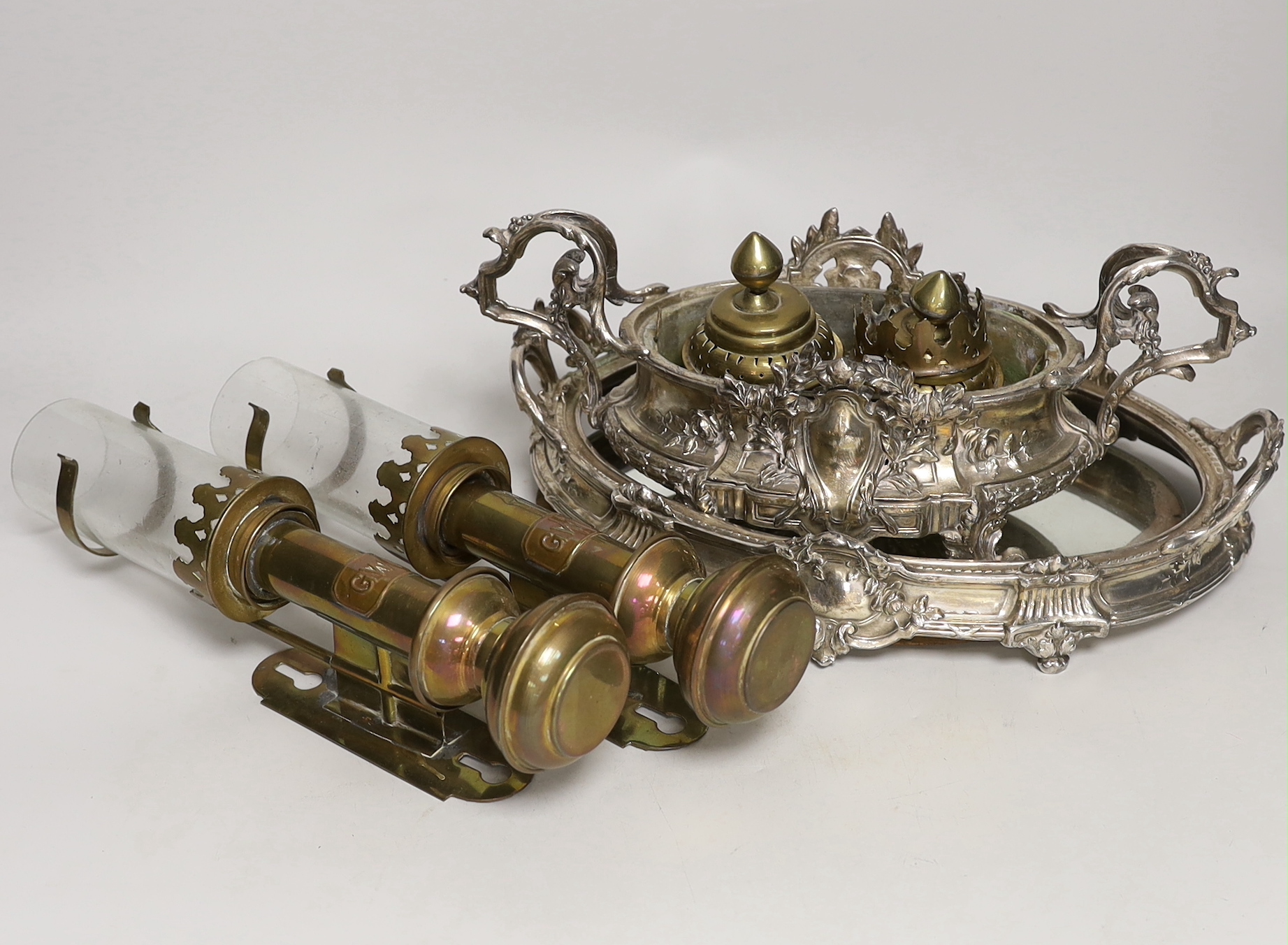 A silver plated planter and glass stand together with a pair of GWR railway lamps, largest 34cm wide